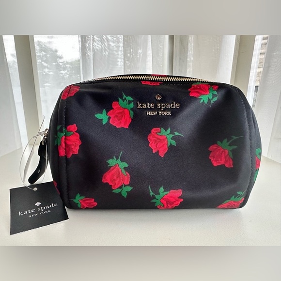Kate Spade Black Cosmetic Bag with Red Rose Pattern - Picture 1 of 3